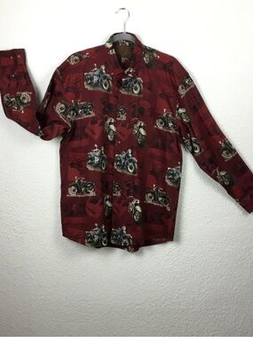 Vintage Motorcycle Print Button-Up Shirt - Burgundy